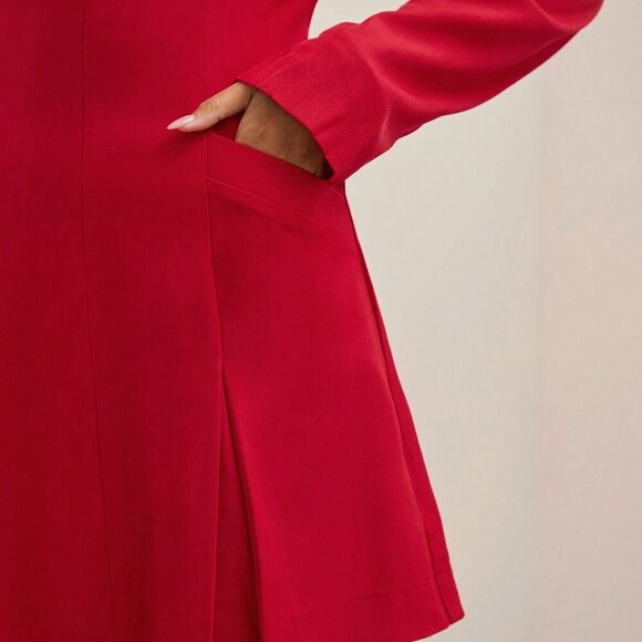 Red Elegant Women's Solid Color Lapel Long Sleeve Pleated Hem Blazer Mini Dress - Picture 5 of 5